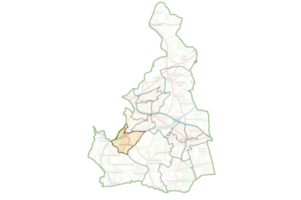 Map of Wokingham Borough Council with Shinfield ward highlighted