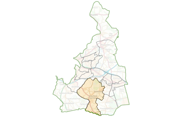 A map of Wokingham Borough with the Barkham and Arborfield ward highlighted