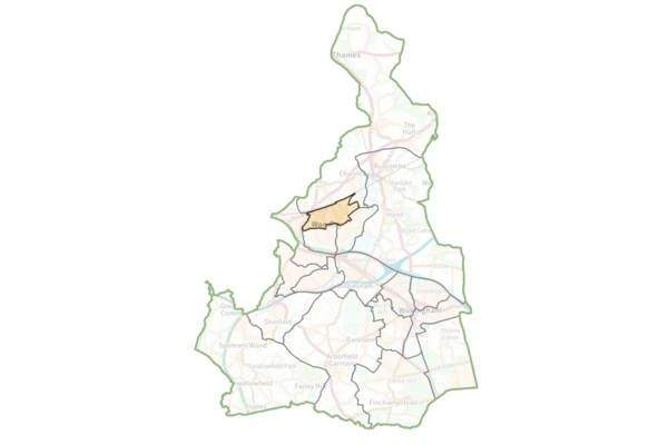 A map of Wokingham Borough with Bulmershe and Coronation highlighted