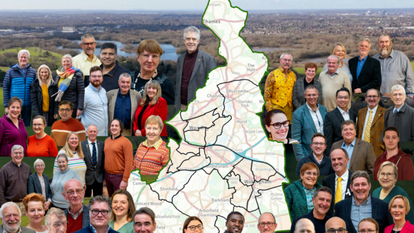 The 54 candidates on a background of a drone shot of rural Wokingham, with a map of the borough on top