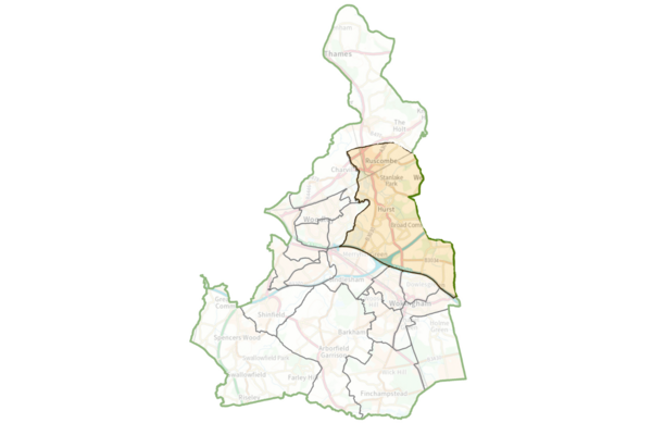 A map of Wokingham Borough with Twyford, Ruscombe & Hurst ward highlighted