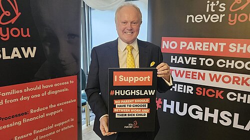 Clive Jones MP in a suit, stood in front of a poster from the organisation "It's Never You". Clive Jones is smiling at the camera and holding a sign, wich reads "I Support #HUGHSLAW". NO PARENTS SHOULD HAVE TO CHOOSE BETWEEN WORK AND THEIR SICK CHILD"