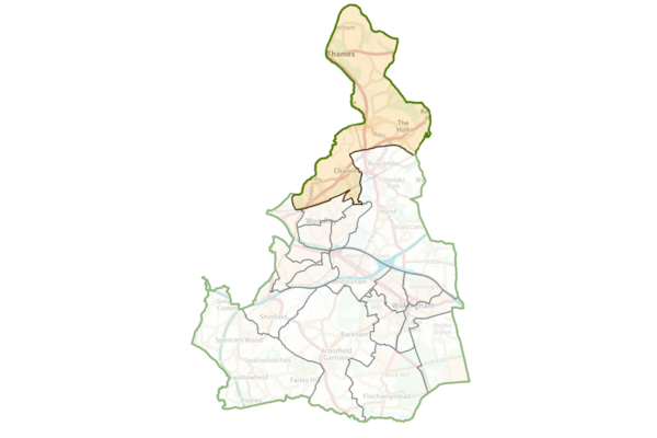 A map of Wokingham Borough with Thames ward highlighted